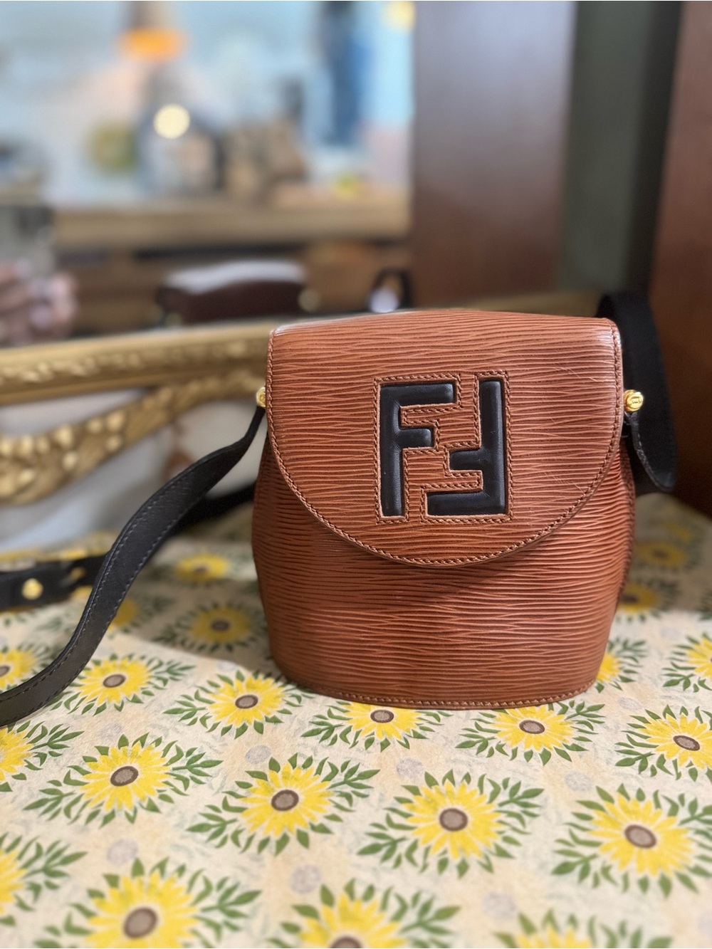 Fendi Brown Textured Leather Shoulder Bag with Black Strap